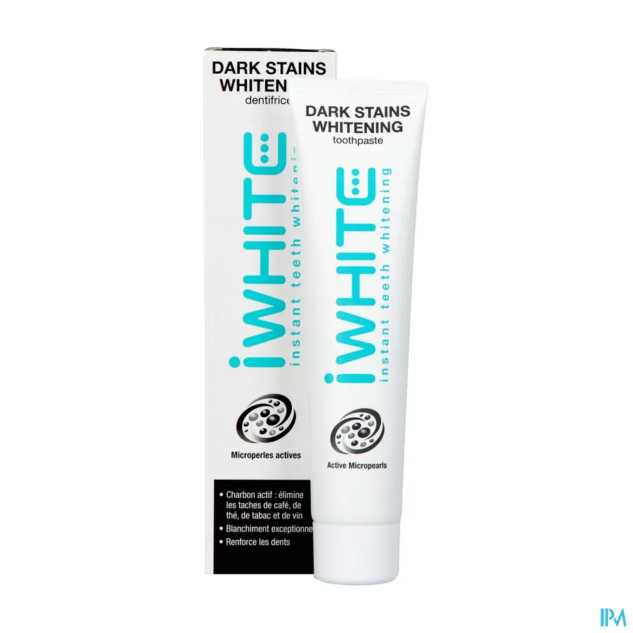 packshot van I White Dark Stains Whitening Tandpasta met Actieve Mircroparels met Geactiveerde Kool voor Verwijdering van Vlekken van Koffie, Thee, Tabak en Wijn Tube 75 ml