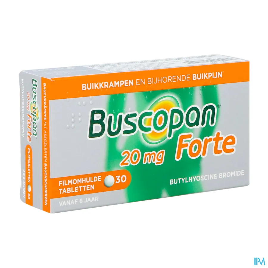packshot van Buscopan Forte 20 mg voor Stilling van Buikkrampen 30 Tabletten