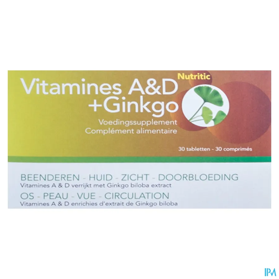 packshot van Vitamines A en D + Ginkgo voor Beenderen, Huid en Doorbloeding 30 Tabletten