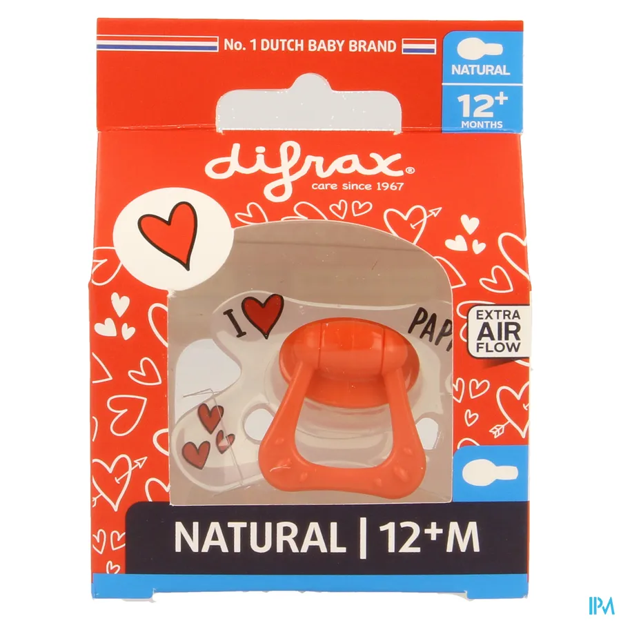 packshot van Difrax Fopspeen Natural I Love Papa/Mama 12+ 1 stuk