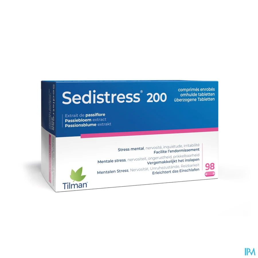 packshot van Sedistress 200 tegen Mentale Stress en Helpt bij Inslapen met Passiebloemextract 98 Tabletten