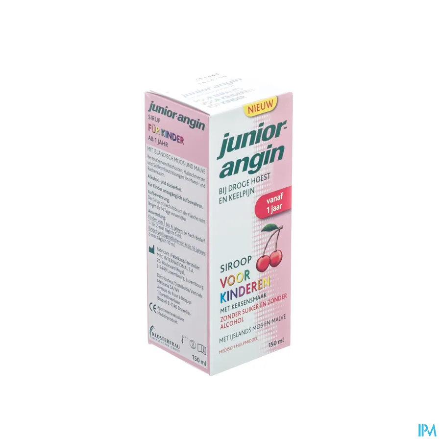 packshot van Junior-Angin met Kersensmaak voor Droge Hoest en Keelpijn bij Kinderen Siroop 150 ml