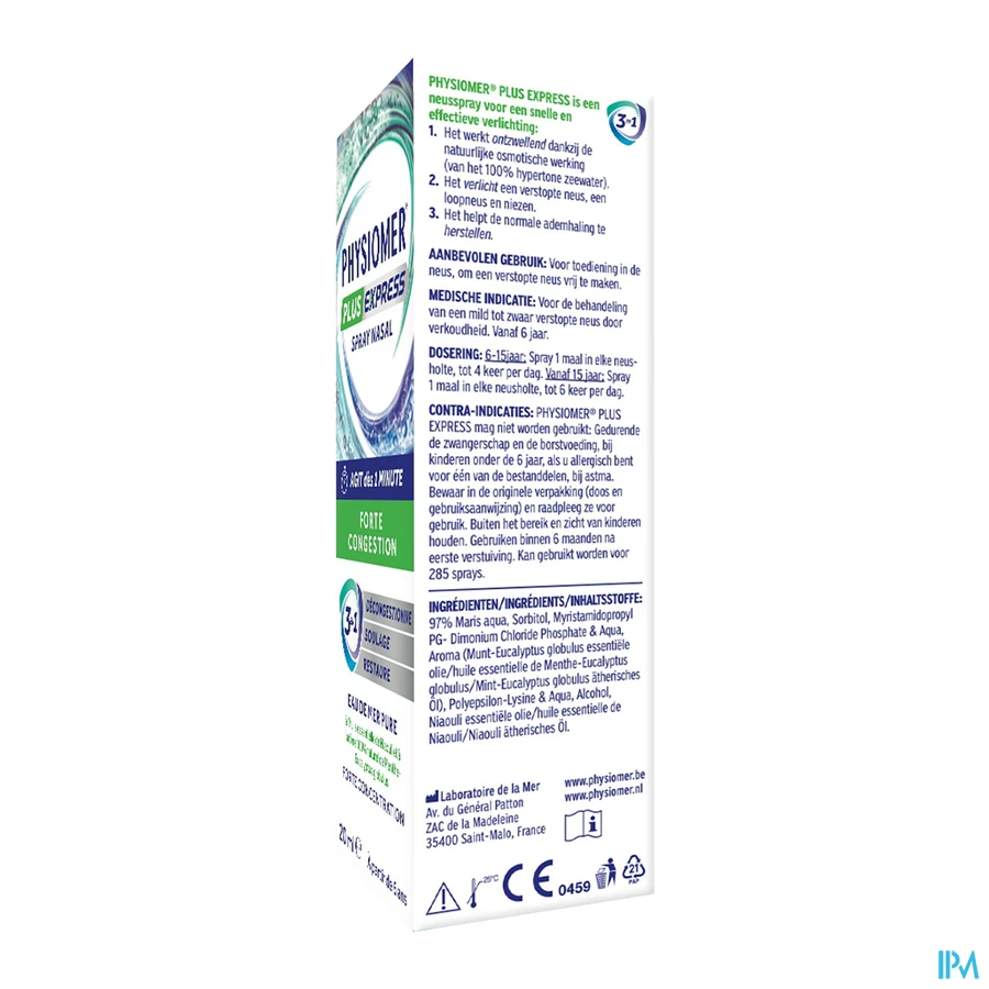 packshot van Physiomer Express tegen Neusverstopping met Hypertonisch Zeewater en Essentiële Oliën Spray 20 ml