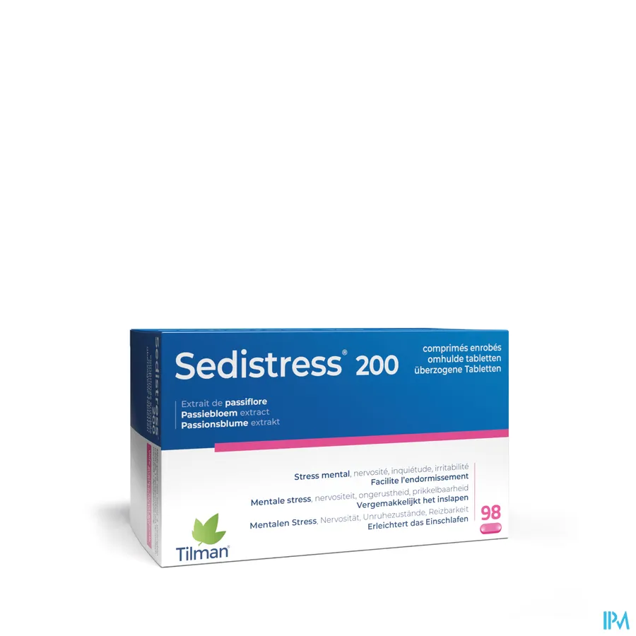 packshot van Sedistress 200 tegen Mentale Stress en Helpt bij Inslapen met Passiebloemextract 98 Tabletten