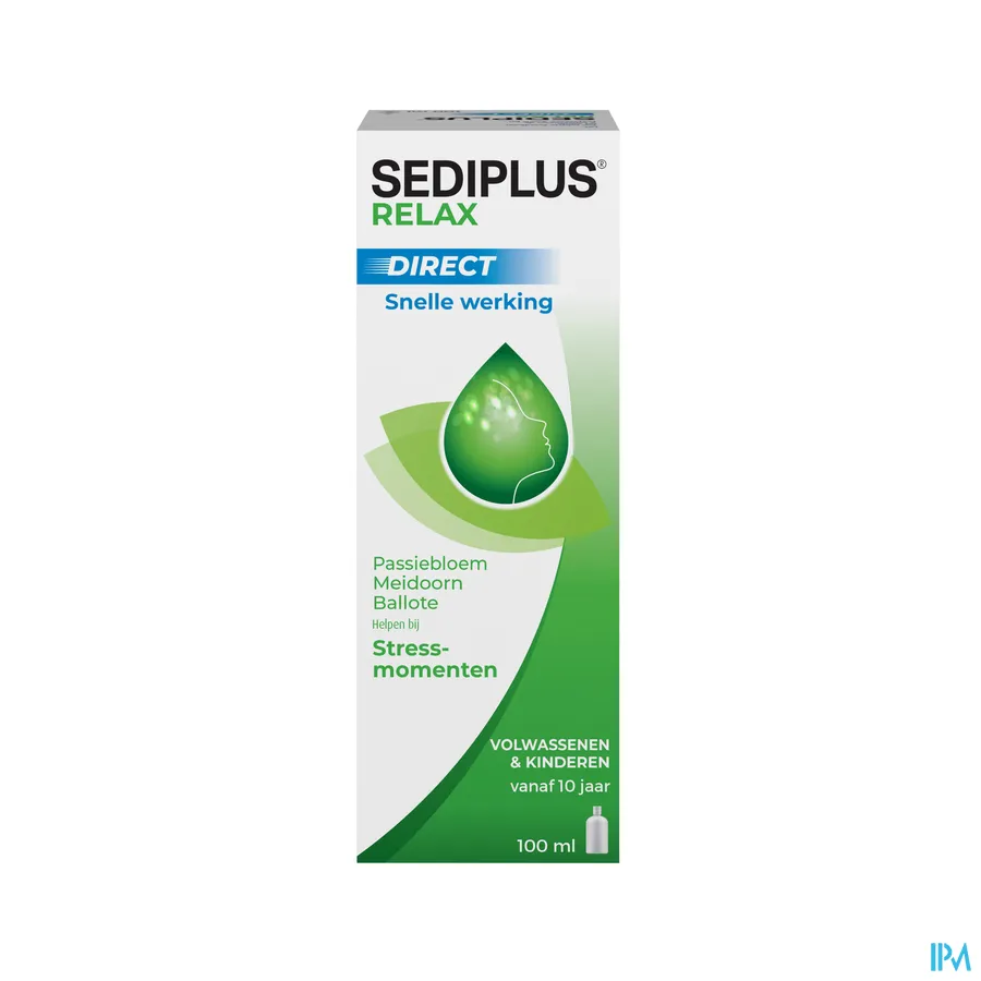 packshot van Sediplus Relax Direct met Snelle Werking voor Hulp bij Stressmomenten met Passiebloem, Meidoorn en Ballote Flacon 100 ml