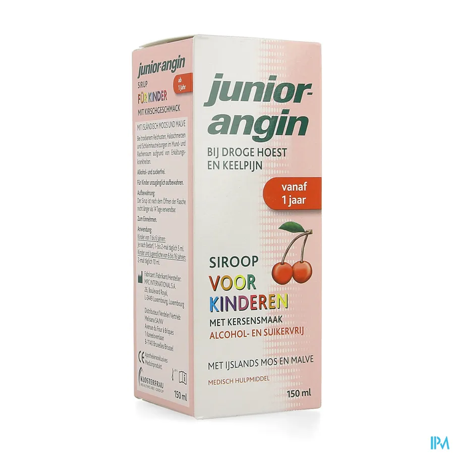 packshot van Junior-Angin met Kersensmaak voor Droge Hoest en Keelpijn bij Kinderen Siroop 150 ml
