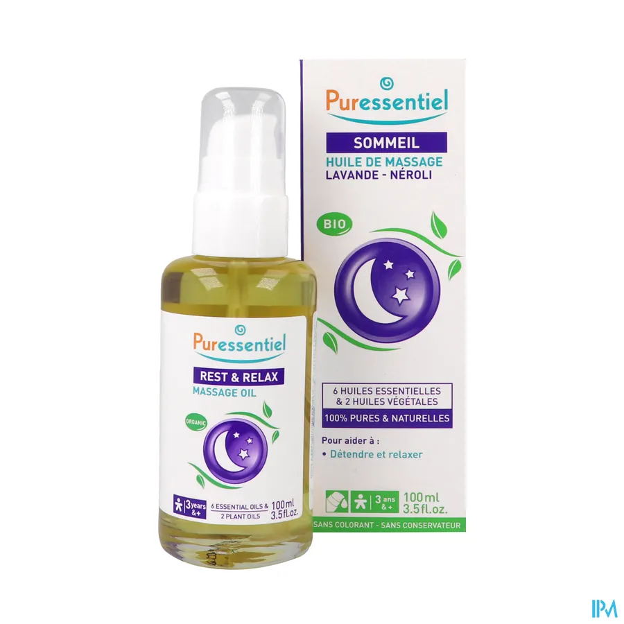 productshot van Puressentiel Bio-Massageolie Ontspanning  met Lavendel en Neroli 100 ml
