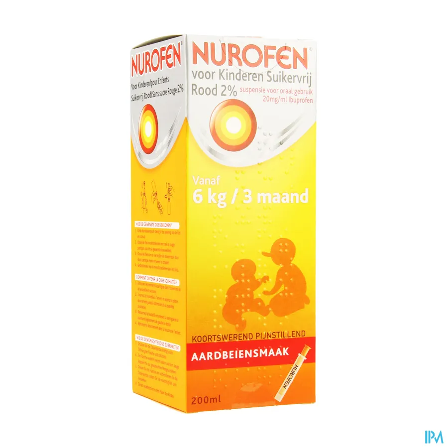 packshot van Nurofen Kind Suikervrije Siroop 2 % Aardbeiensmaak 200 ml