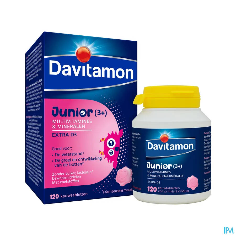 productshot van Davitamon Junior framboos 120 kauwtabletten