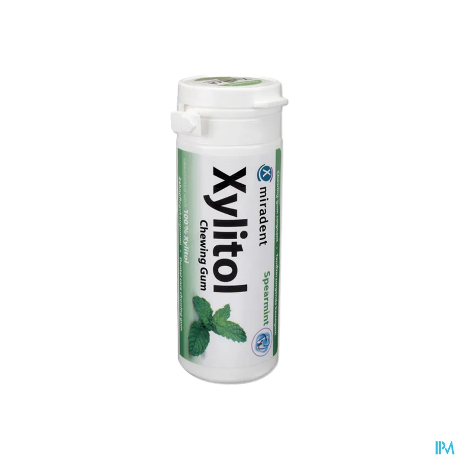 packshot van Miradent Kauwgom Xylitol Groene Munt 30 stuks