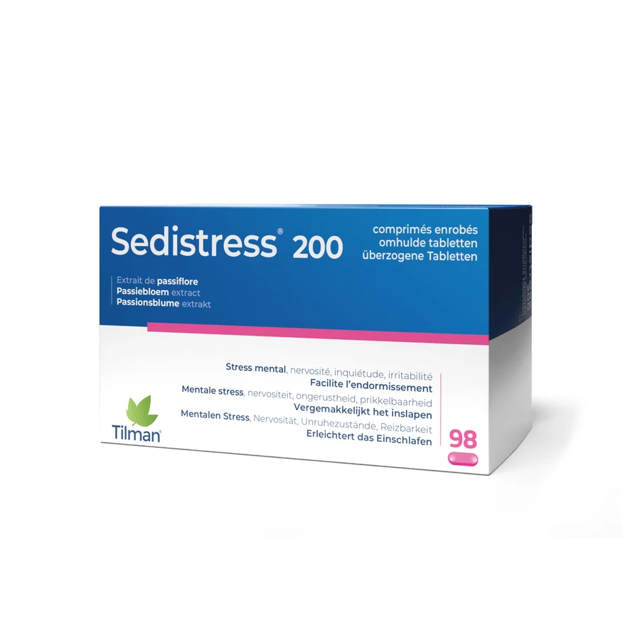 packshot van Sedistress 200 tegen Mentale Stress en Helpt bij Inslapen met Passiebloemextract 98 Tabletten