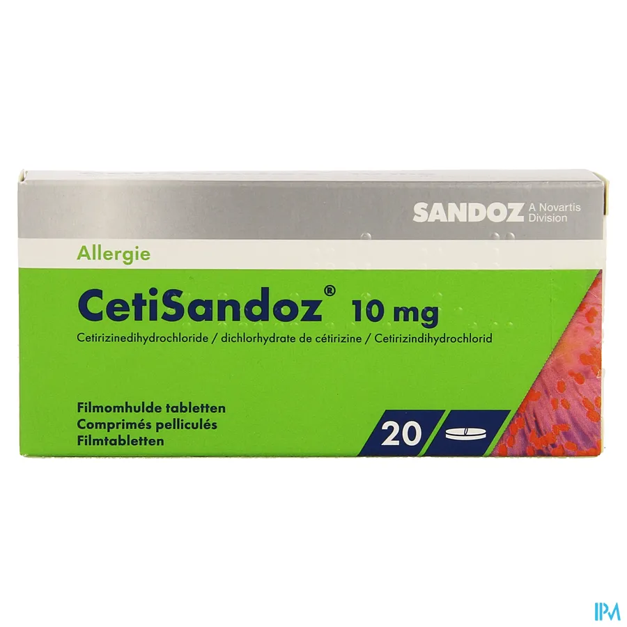 packshot van Cetirizine Sandoz 10 mg 20 tabletten