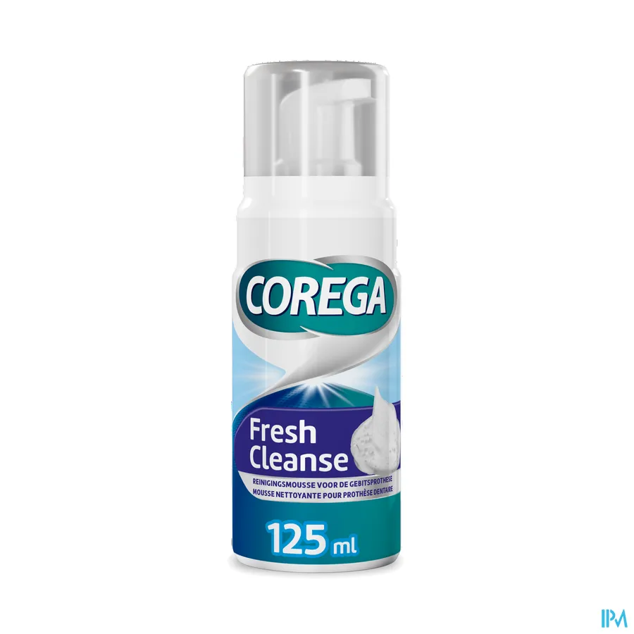 packshot van Corega Mousse Fresh Cleanse Anti-Bacteriële Reinigingsmousse voor de Gebitsprothese Pompflacon 125 ml