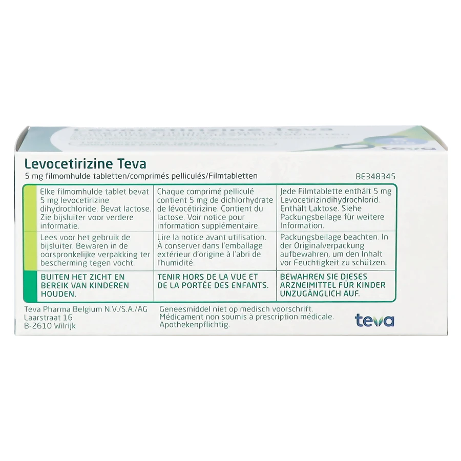 packshot van Levocetirizine Teva 5 mg 100 Tabletten