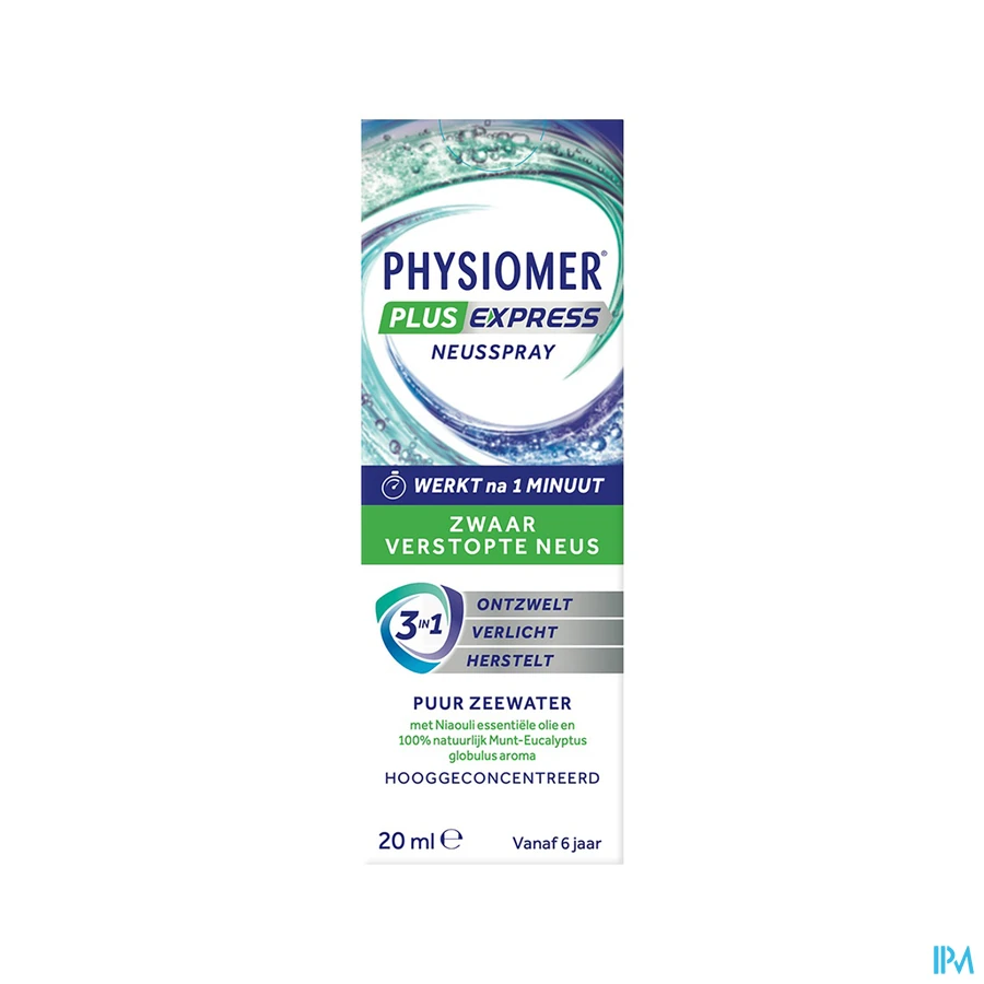 packshot van Physiomer Express tegen Neusverstopping met Hypertonisch Zeewater en Essentiële Oliën Spray 20 ml