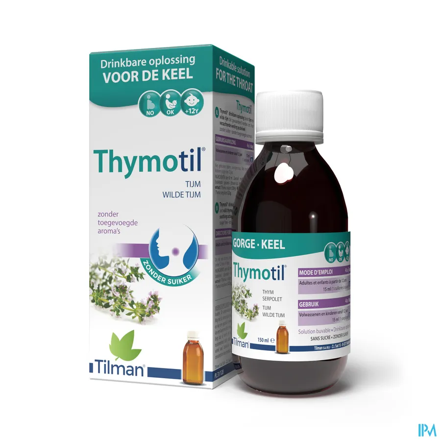 productshot van Thymotil Keelsiroop Zonder Suiker op basis van Tijm en Wilde Tijm 150 ml
