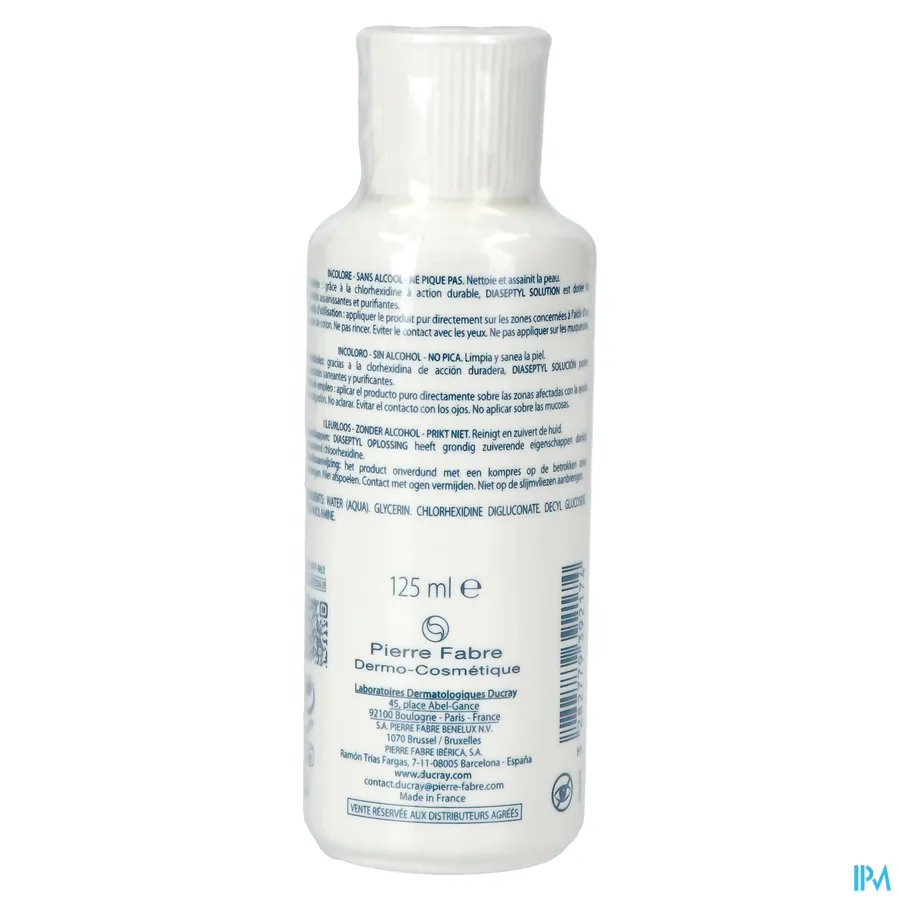 packshot van Ducray Diaseptyl Oplossing met 0,2% Chloorhexidinedigluconaat voor Ontsmetting van de Huid Flesje 125 ml