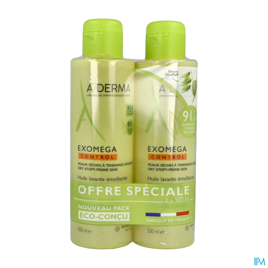 packshot van Aderma Exomega Control Olie Promo -50% 2 x 500 ml