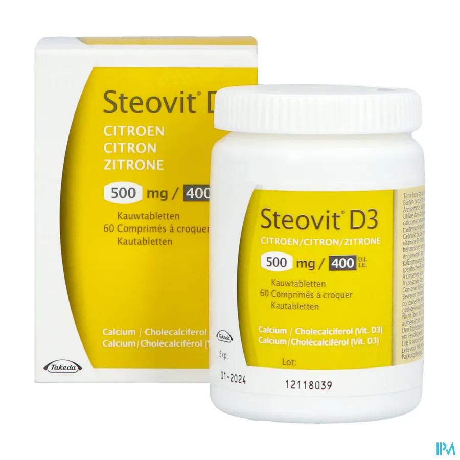 packshot van Steovit D3 500 mg Calcium + 400 IE Vitamine D3 met Citroensmaak 60 Kauwtabletten