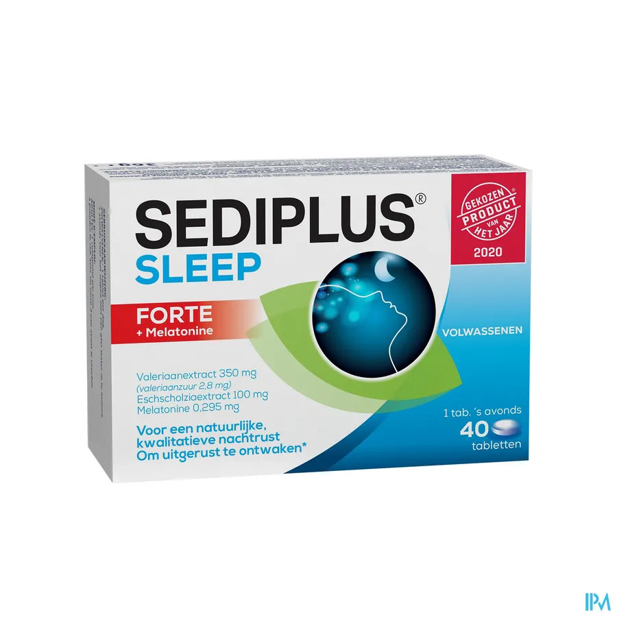 packshot van Sediplus Sleep Forte + Melatonine voor een Natuurlijke Kwalitatieve Nachtrust bij een Onrustige Slaap 40 Tabletten