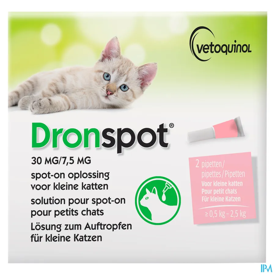 packshot van Dronspot 30 mg/7,5 mg Spot-on Kat >0,5-2,5 kg 2 stuks