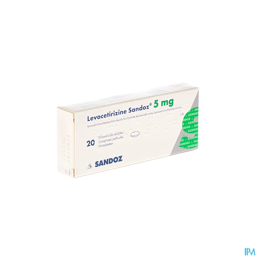 packshot van Levocetirizine Sandoz 5 mg 20 tabletten