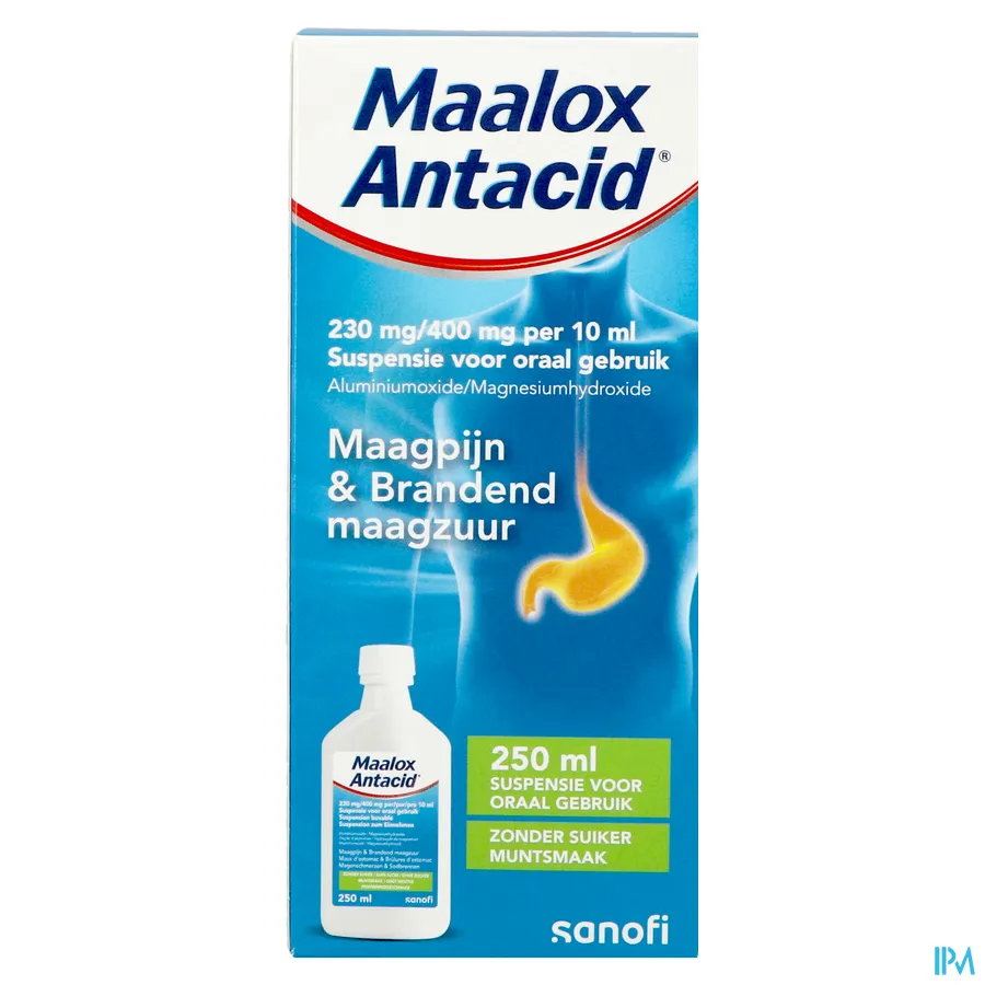 packshot van Maalox Antacid Suikervrij bij Maagpijn en Brandend Maagzuur Muntsmaak Siroop 250 ml