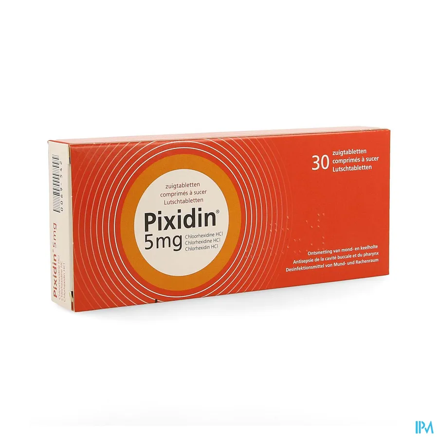 packshot van Pixidin 5 mg voor Ontsmetting van Mond- en Keelholte 30 Zuigtabletten