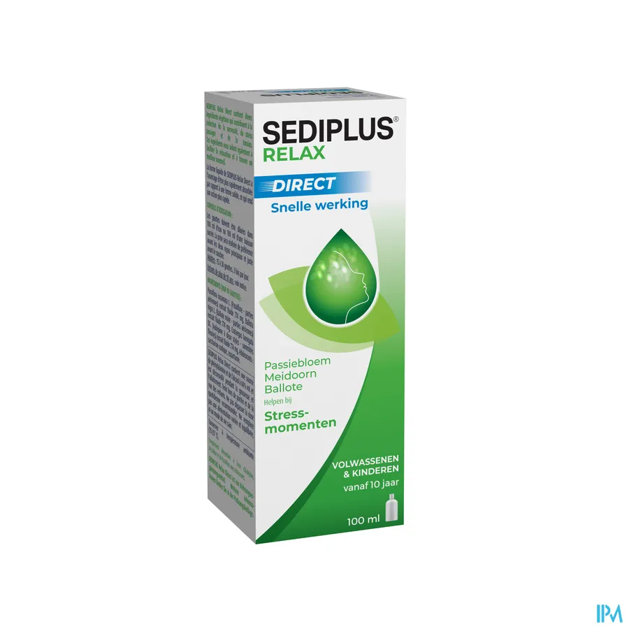 packshot van Sediplus Relax Direct met Snelle Werking voor Hulp bij Stressmomenten met Passiebloem, Meidoorn en Ballote Flacon 100 ml