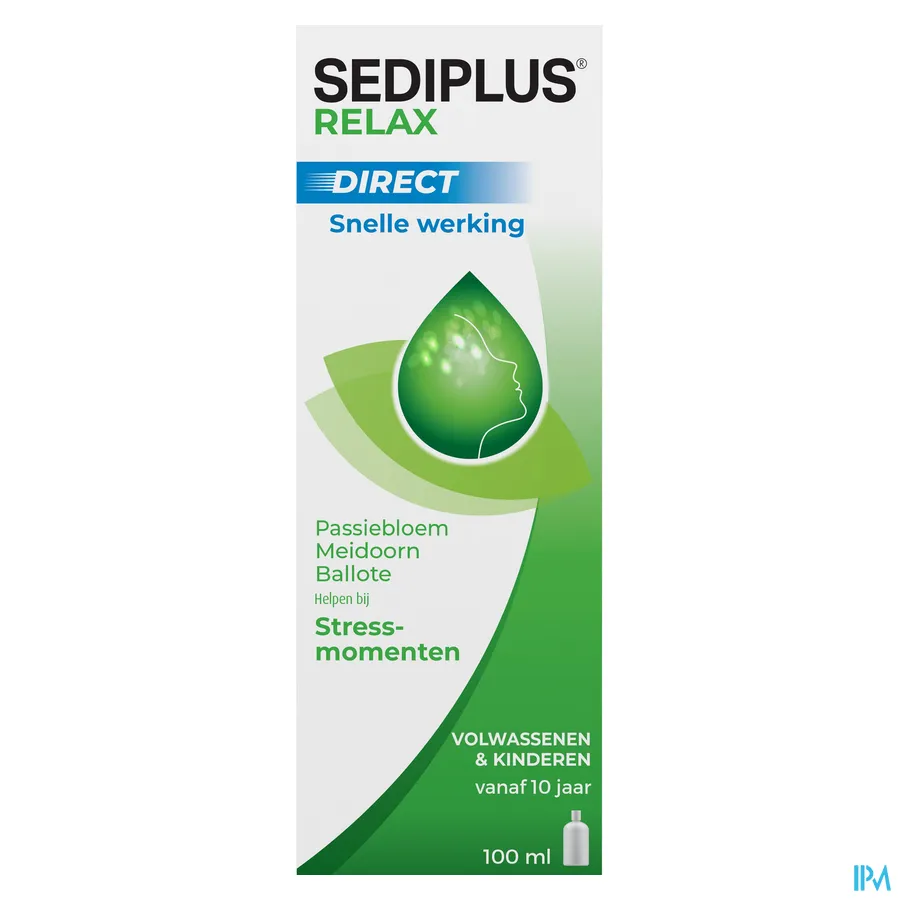 packshot van Sediplus Relax Direct met Snelle Werking voor Hulp bij Stressmomenten met Passiebloem, Meidoorn en Ballote Flacon 100 ml