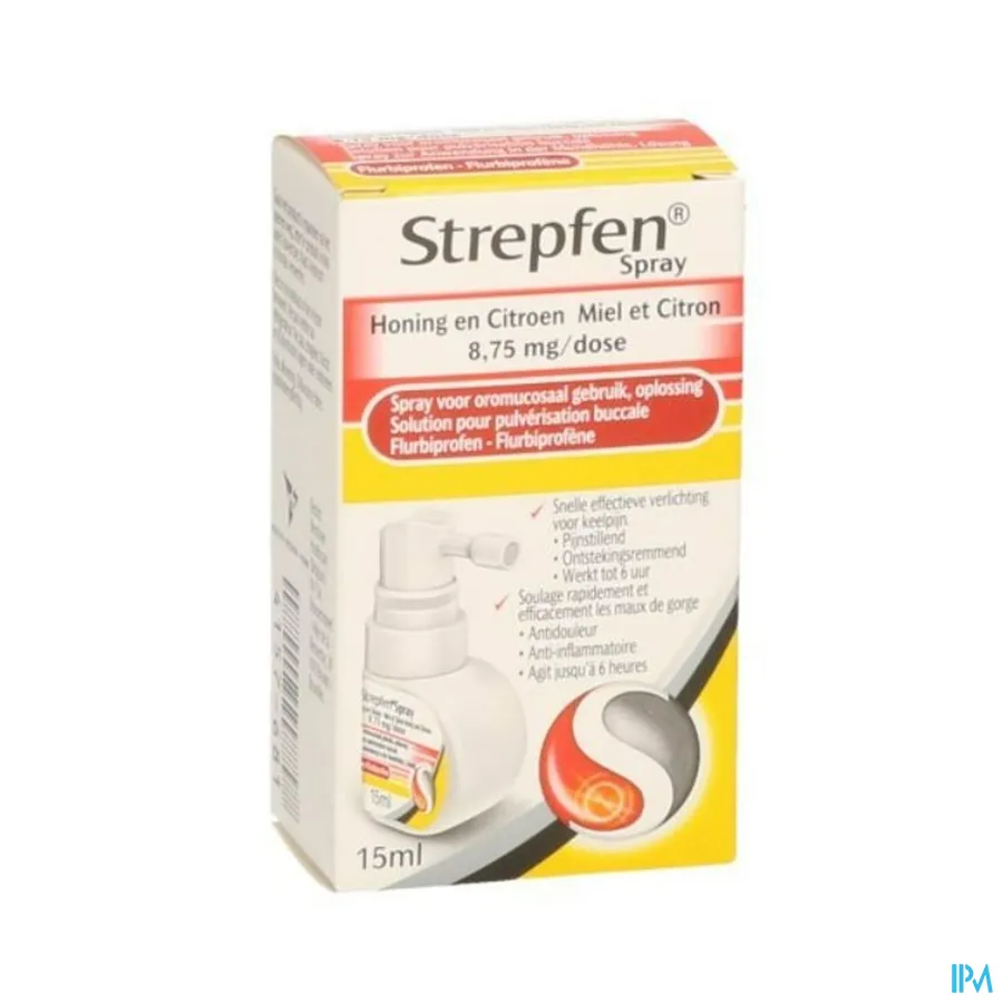 packshot van Strepfen Spray voor Oromucosaal Gebruik voor Snelle en Doeltreffende Verlichting van Keelpijn met Honing- en Citroensmaak 15 ml