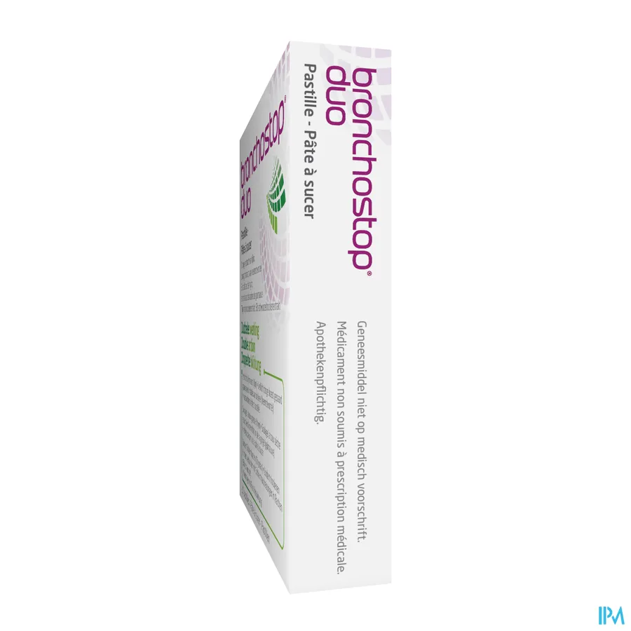 packshot van Bronchostop Duo met Droog Extract van Tijm en Heemstwortel met Dubbele Werking voor Verlichting van Slijmhoest en Droge Hoest 20 Zuigtabletten