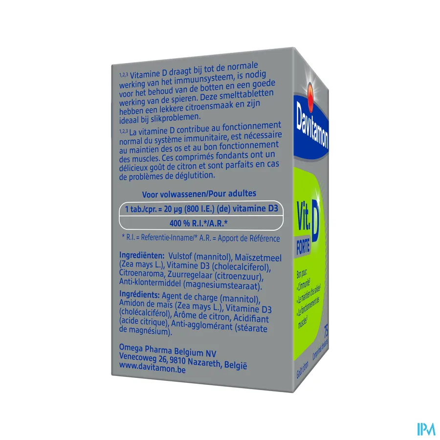 packshot van Davitamon Vitamine D Forte -Goed voor Weerstand, Behoud van Sterke Botten en Spierwerking- 75 Smelttabletten met Citroensmaak