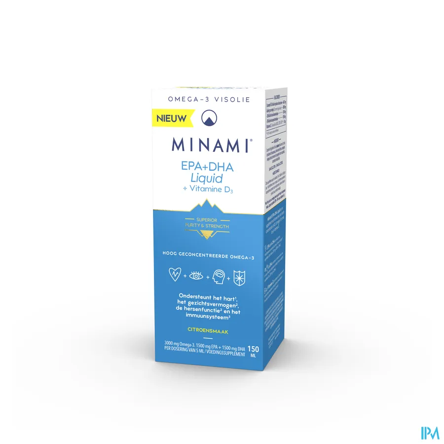 packshot van Minami Omega-3 Visolie EPA + DHA Liquid + Vitamine D3 met Citroensmaak 150 ml
