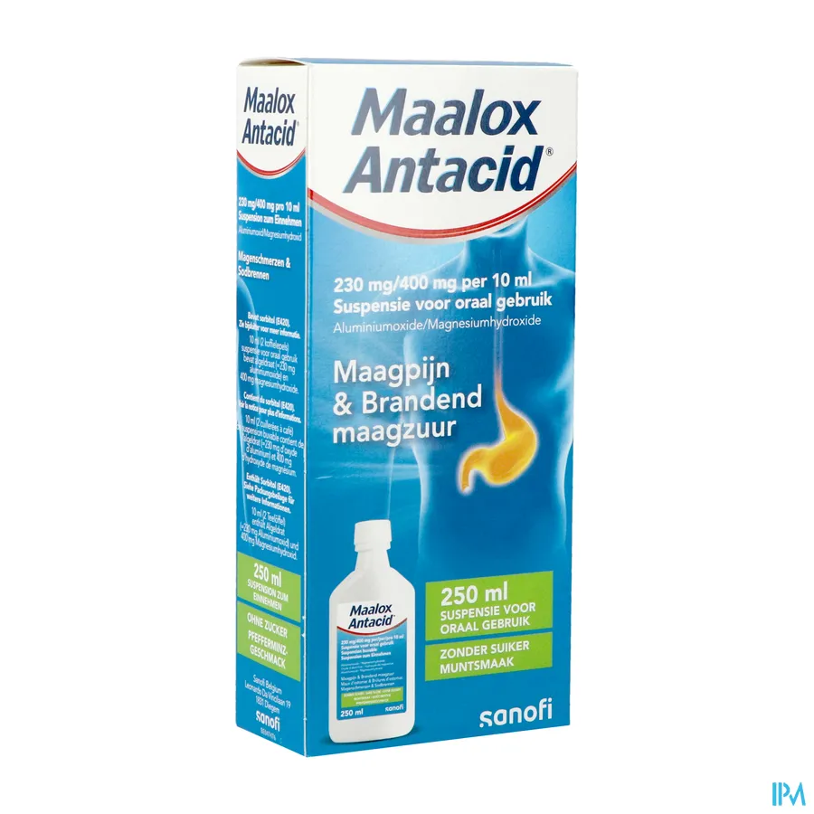 packshot van Maalox Antacid Suikervrij bij Maagpijn en Brandend Maagzuur Muntsmaak Siroop 250 ml