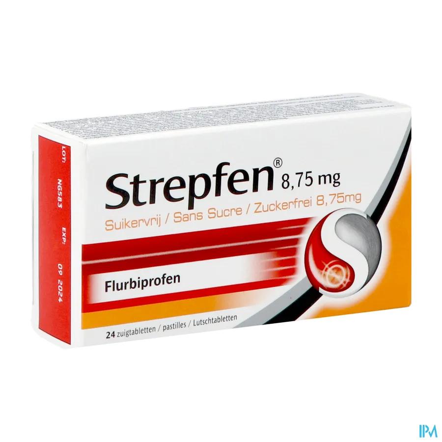 packshot van Strepfen voor Verlichting van Symptomen van Keelpijn 24 Suikervrije Zuigtabletten