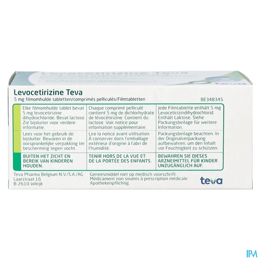 packshot van Levocetirizine Teva 5 mg 100 Tabletten