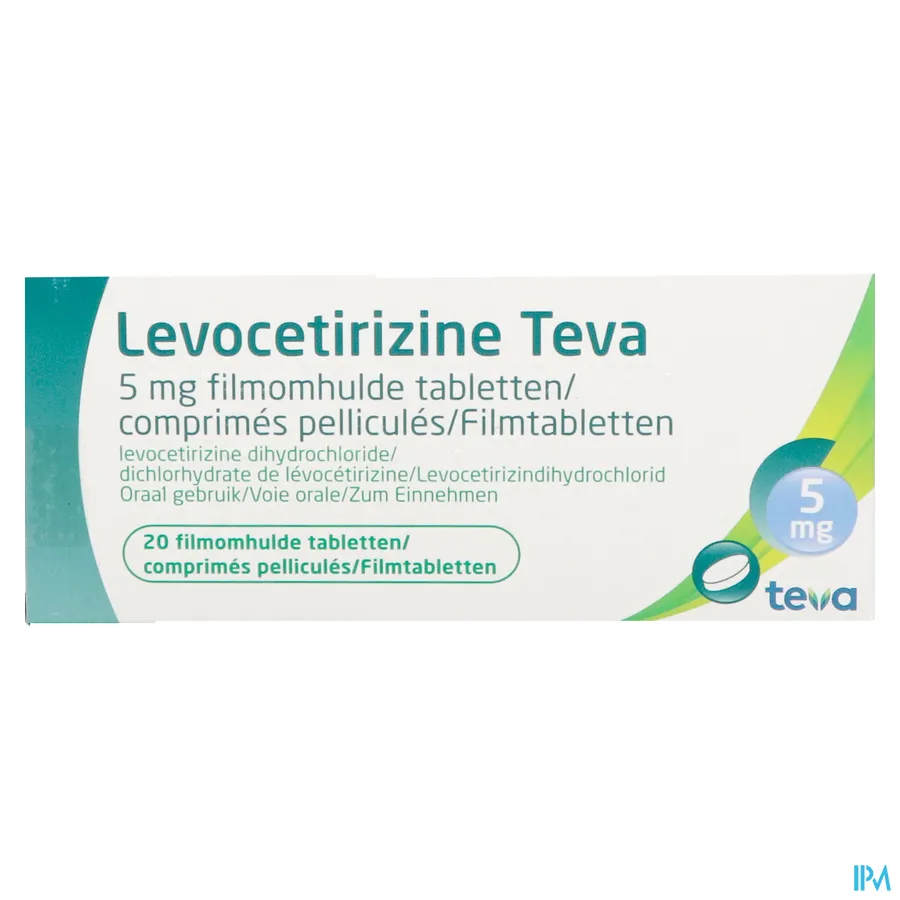 packshot van Levocetirizine Teva 5 mg 20 tabletten