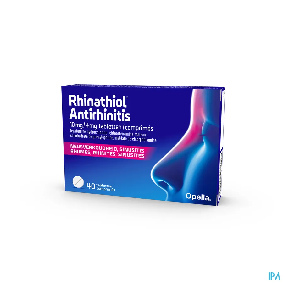 packshot van Rhinathiol Antirhinitis voor Verhelping van Verstopte Neus en Loopneus 40 Tabletten