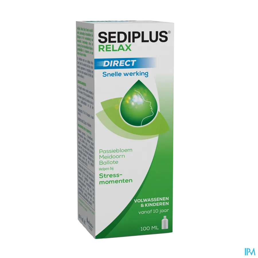 packshot van Sediplus Relax Direct met Snelle Werking voor Hulp bij Stressmomenten met Passiebloem, Meidoorn en Ballote Flacon 100 ml