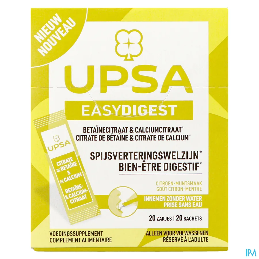 packshot van UPSA Easy Digest Betaïnecitraat & Calciumcitraat 20 Zakjes