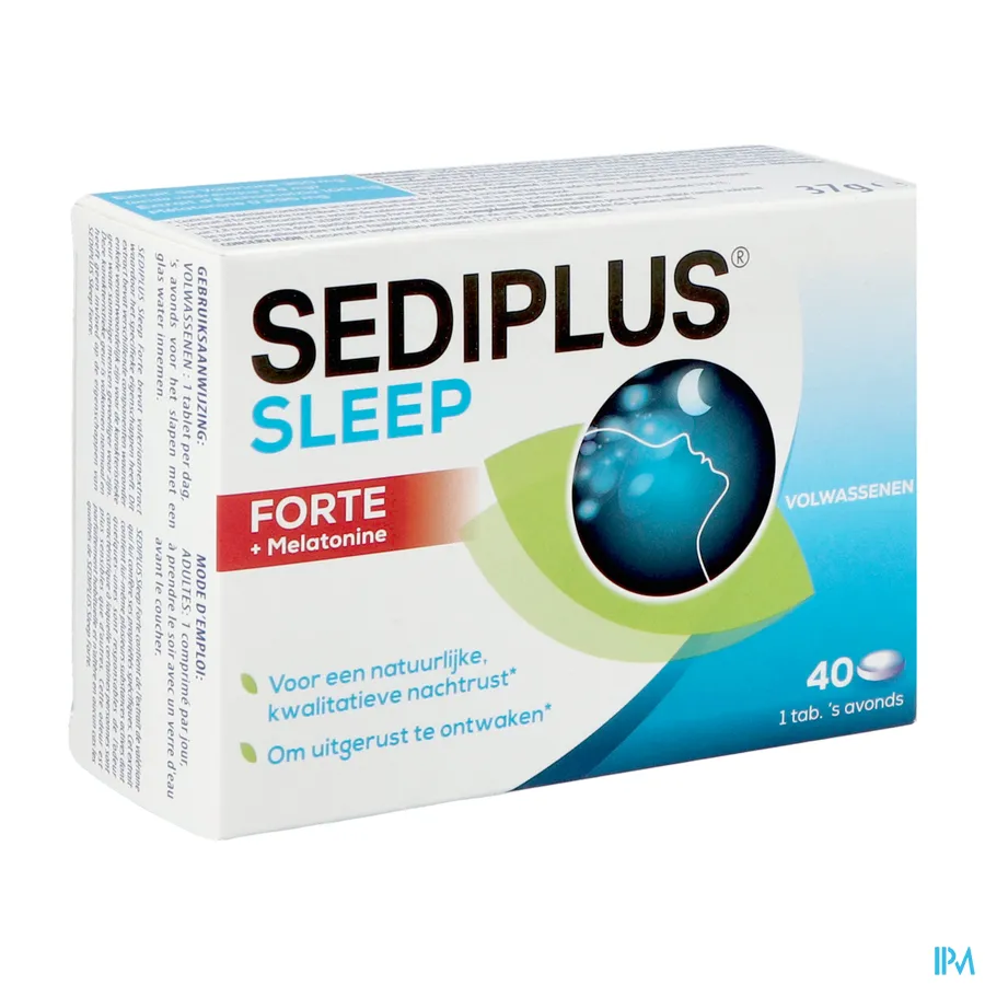 packshot van Sediplus Sleep Forte + Melatonine voor een Natuurlijke Kwalitatieve Nachtrust bij een Onrustige Slaap 40 Tabletten