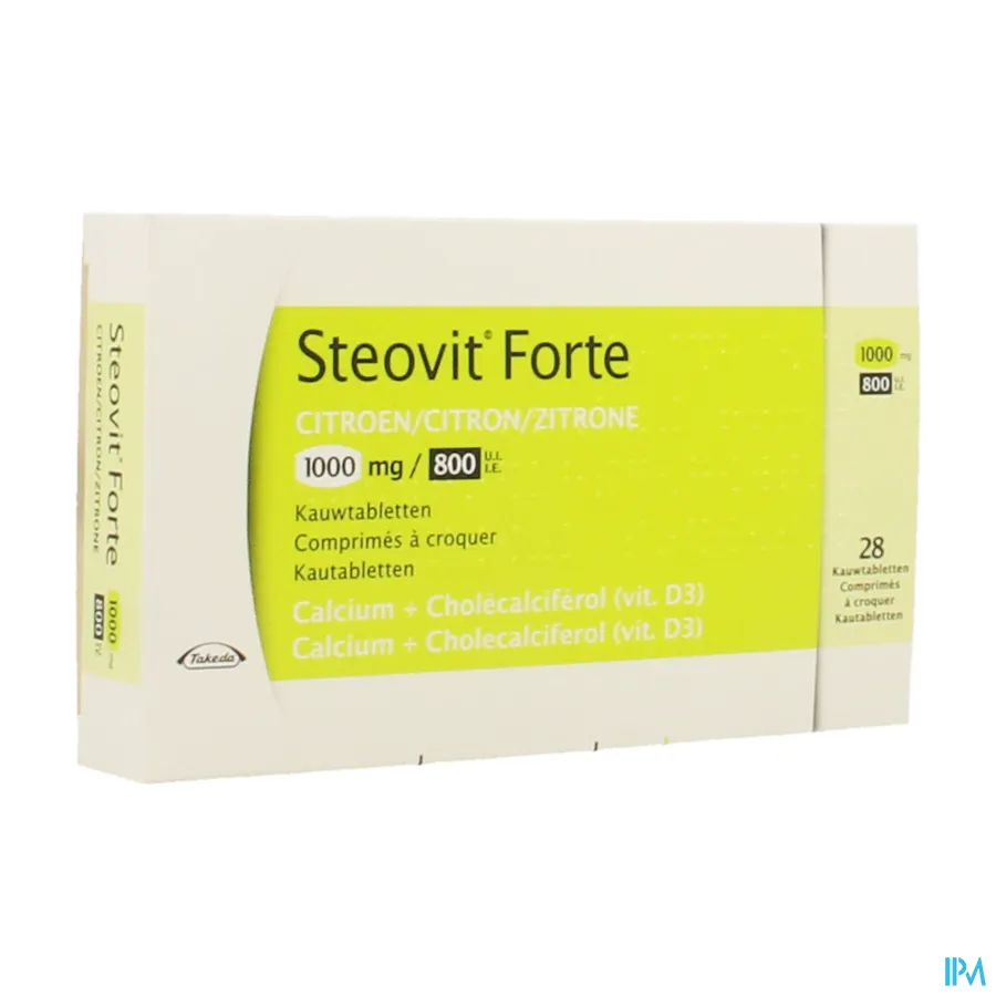 packshot van Steovit Forte 1000 mg Calcium + 800 IE Vitamine D3 Citroensmaak 28 Kauwtabletten