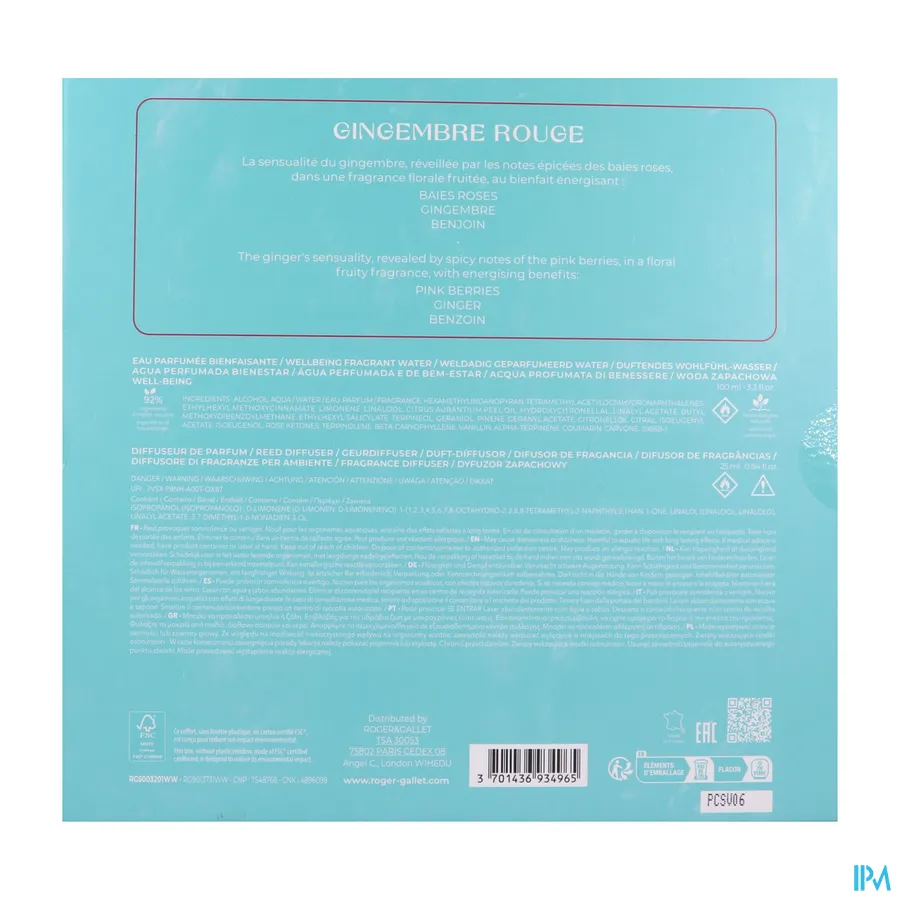 packshot van Roger & Gallet Geparfumeerd Water + Geurstokjes Geschenkset Gingembre Rouge