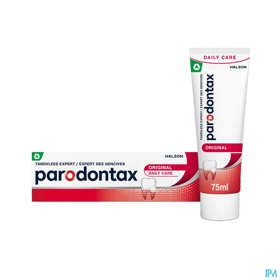 productshot van Parodontax Original mét Verbeterde Smaak -Dagelijkse Fluoride Tandpasta voor Gezond Tandvlees en Sterke Tanden - Helpt tegen en Voorkomt Bloedend Tandvlees- Tube 75 ml