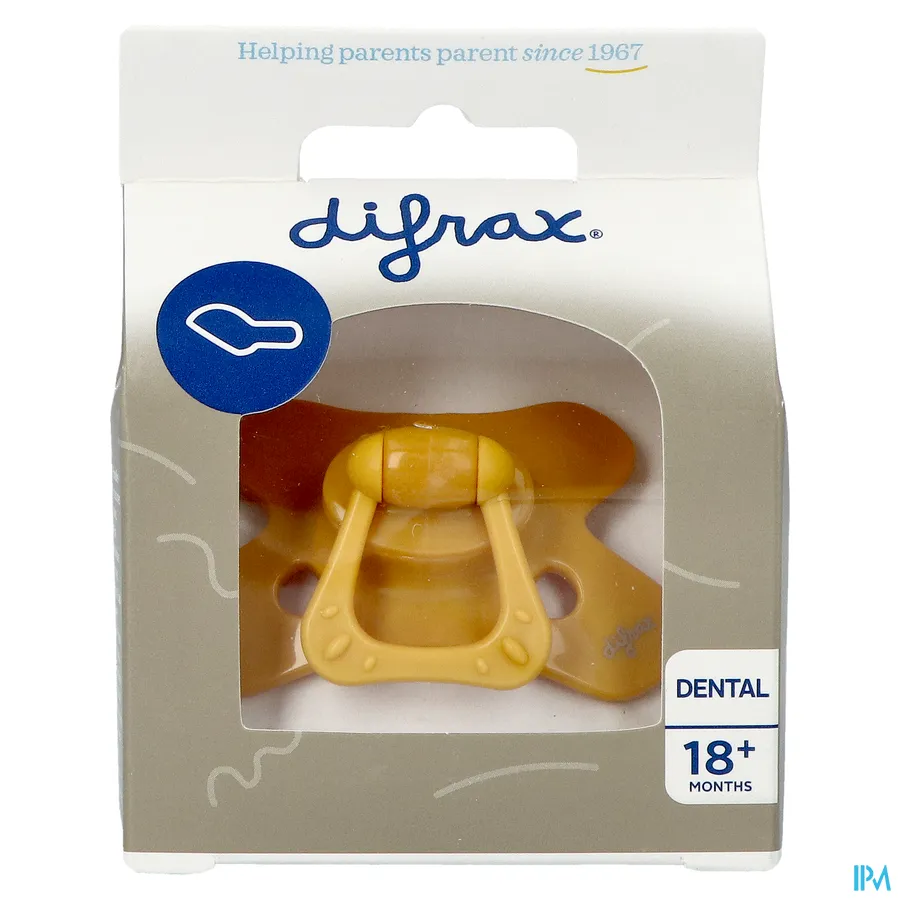 packshot van Difrax Fopspeen Dental +18m Uni/pure Geel/honey