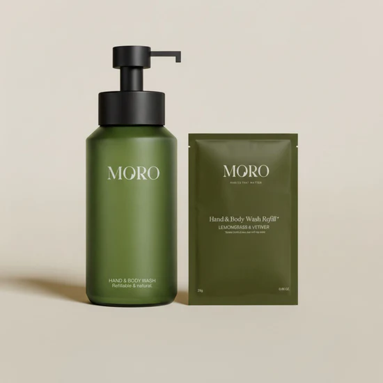 Moro Hand & Body Wash Starterkit | Lemongrass & Vetiver | Olive green bottle 250ml + 1 refill 50g