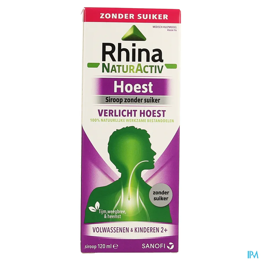 packshot van Rhina Naturactiv Suikervrije Siroop voor Verlichting van Hoest met Tijm, Weegbree en Heemst 120 ml