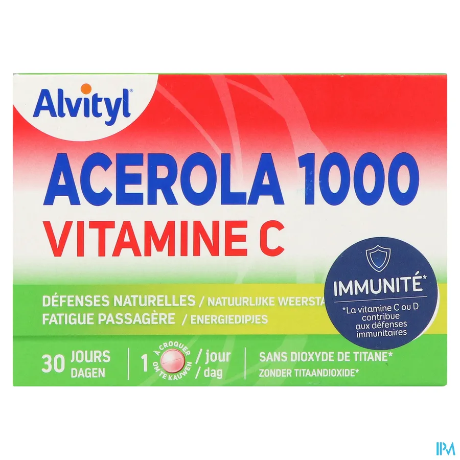 packshot van Alvityl Acerola 1000 Vitamine C voor Bijdrage aan de Natuurlijke Weerstand en Hulp bij Energiedipjes 30 Kauwtabletten met Kersensmaak