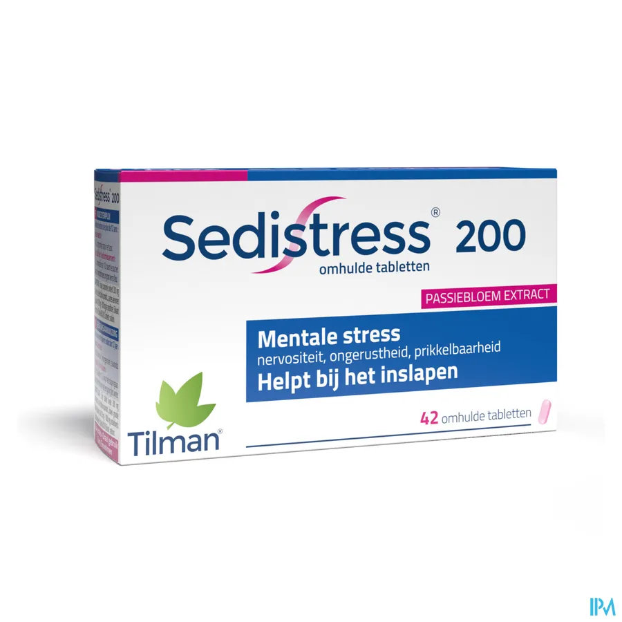 packshot van Sedistress 200 tegen Mentale Stress en Helpt bij Inslapen met Passiebloemextract 42 Tabletten